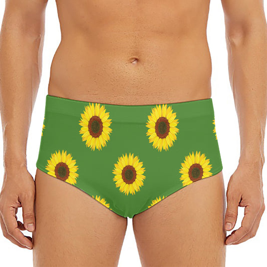 Green Sunflower Pattern Print Men's Triangle Swim Briefs