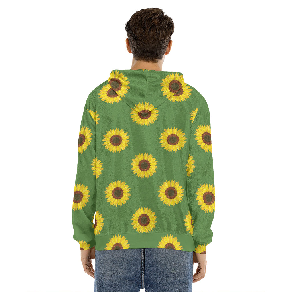 Green Sunflower Pattern Print Men's Velvet Pullover Hoodie