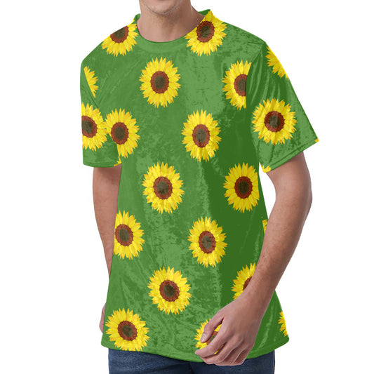 Green Sunflower Pattern Print Men's Velvet T-Shirt