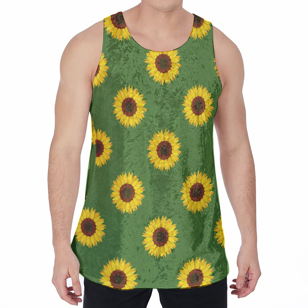 Green Sunflower Pattern Print Men's Velvet Tank Top