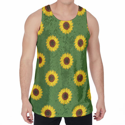 Green Sunflower Pattern Print Men's Velvet Tank Top