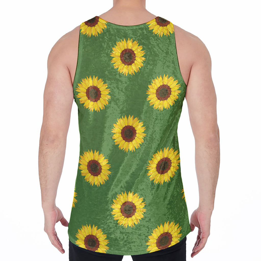 Green Sunflower Pattern Print Men's Velvet Tank Top