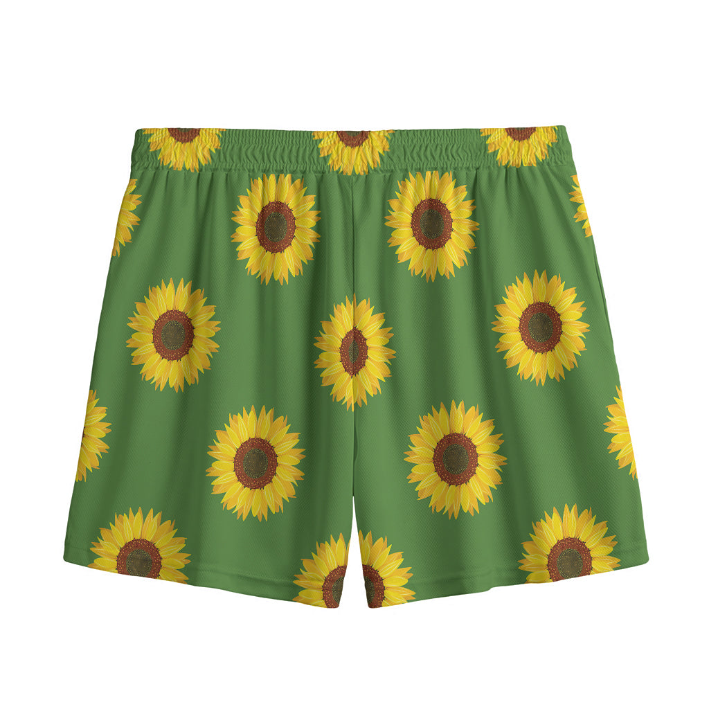Green Sunflower Pattern Print Mesh Shorts