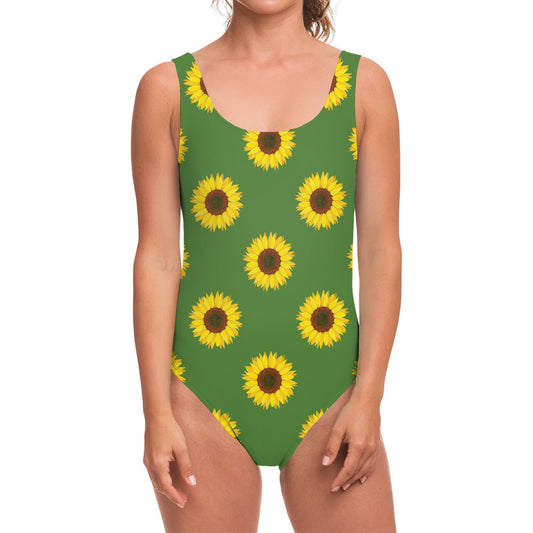 Green Sunflower Pattern Print One Piece Swimsuit