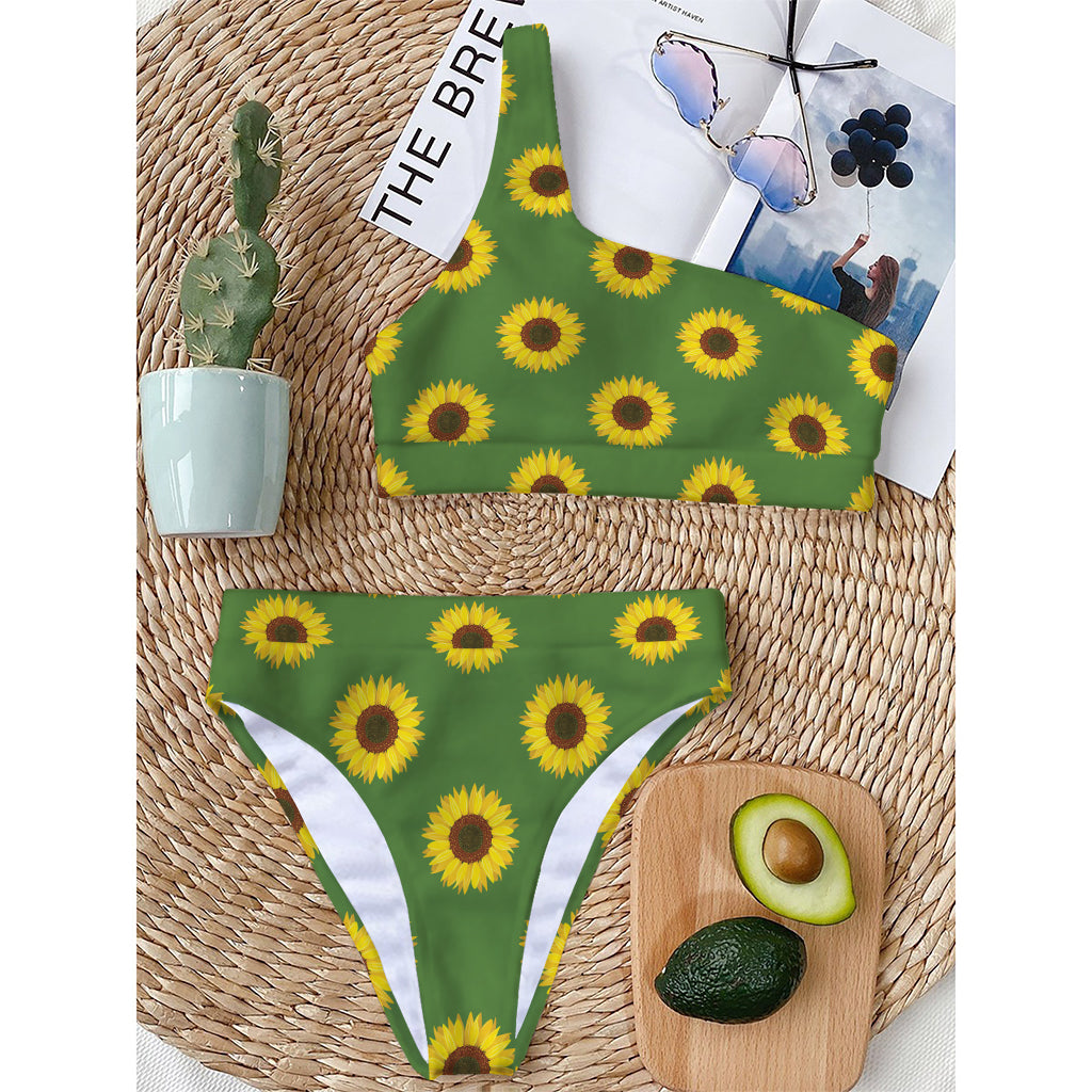 Green Sunflower Pattern Print One Shoulder Bikini Top