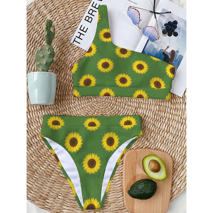 Green Sunflower Pattern Print One Shoulder Bikini Top