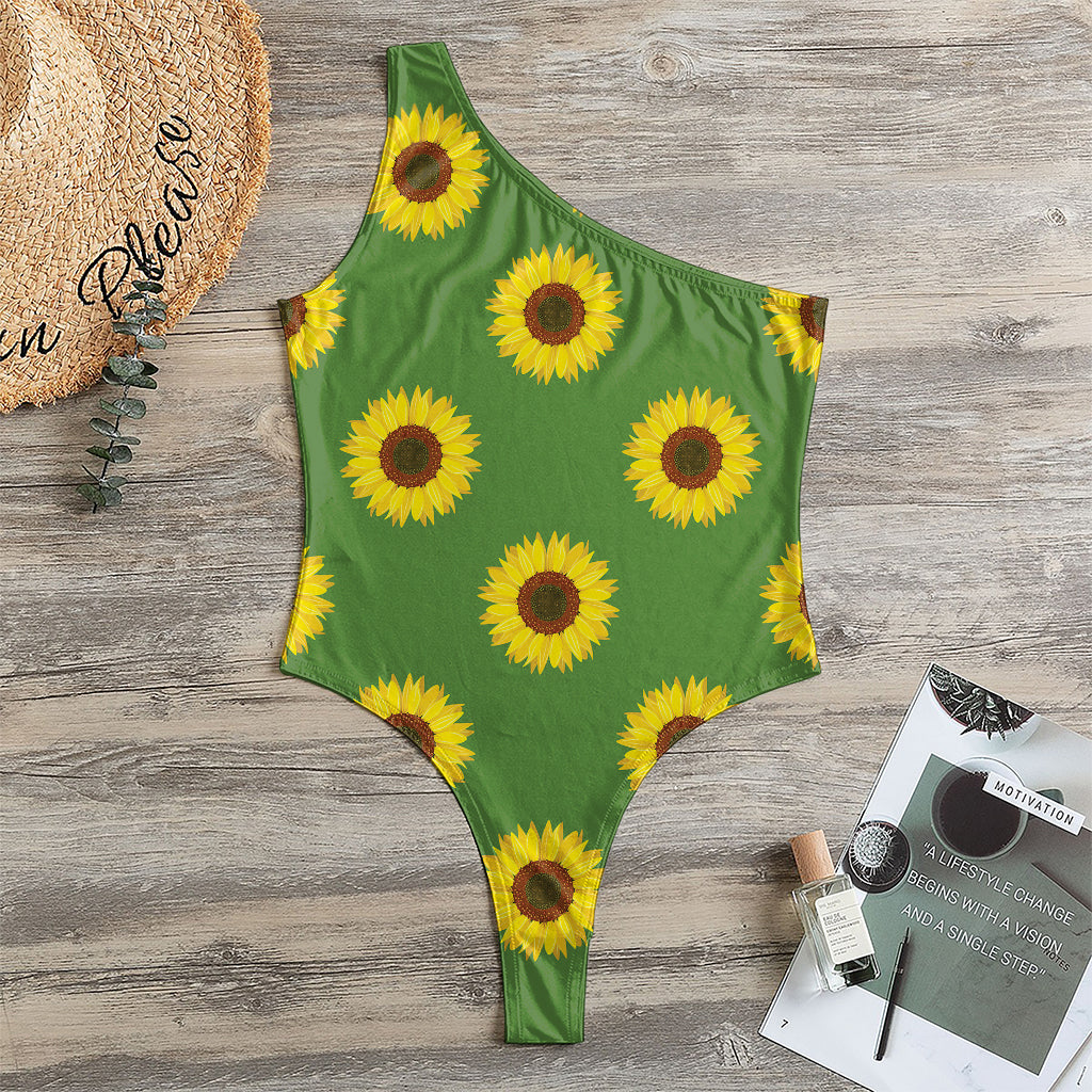 Green Sunflower Pattern Print One Shoulder Bodysuit