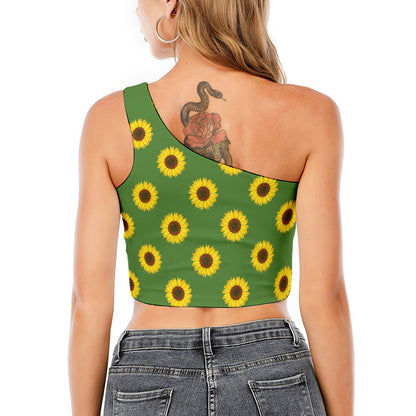 Green Sunflower Pattern Print One Shoulder Crop Top
