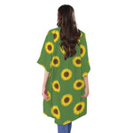 Green Sunflower Pattern Print Open Front Beach Cover Up