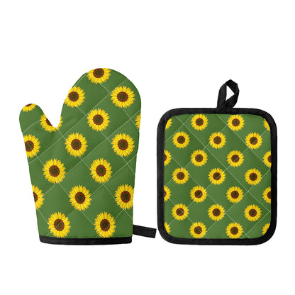 Green Sunflower Pattern Print Oven Mitt And Pot Holder Set