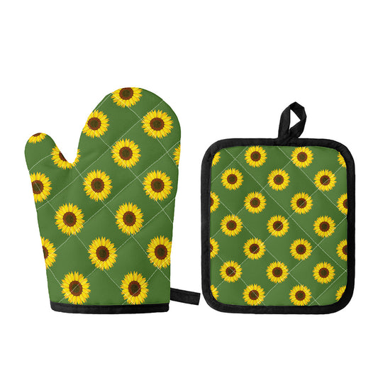 Green Sunflower Pattern Print Oven Mitt And Pot Holder Set