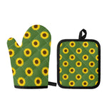 Green Sunflower Pattern Print Oven Mitt And Pot Holder Set