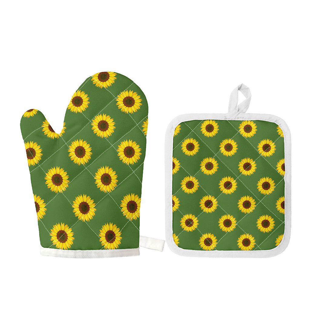 Green Sunflower Pattern Print Oven Mitt And Pot Holder Set