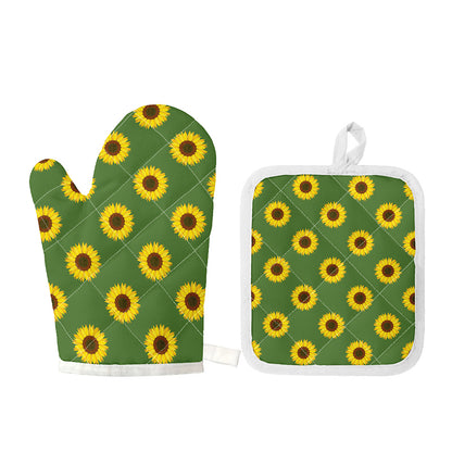 Green Sunflower Pattern Print Oven Mitt And Pot Holder Set