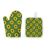Green Sunflower Pattern Print Oven Mitt And Pot Holder Set