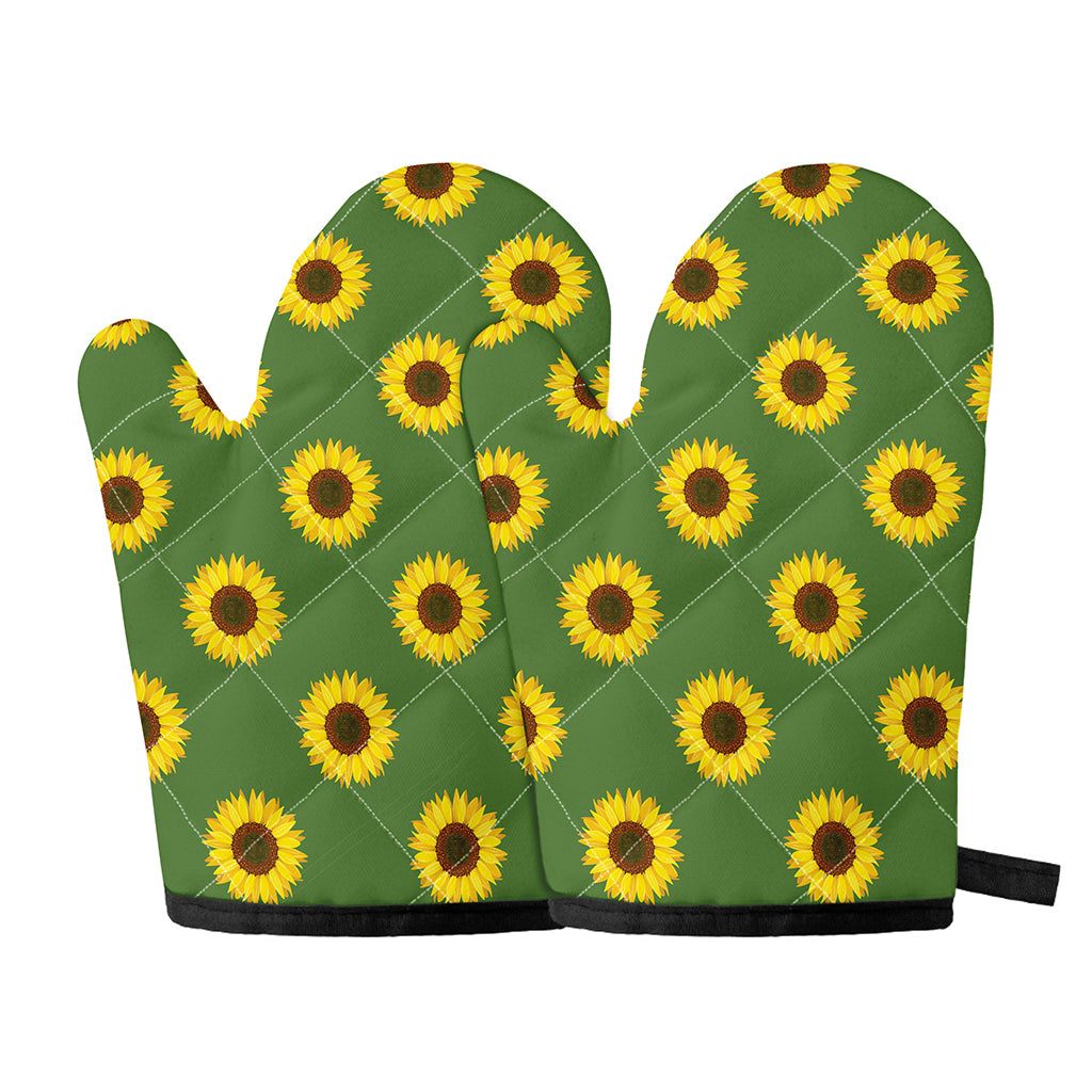 Green Sunflower Pattern Print Oven Mitts