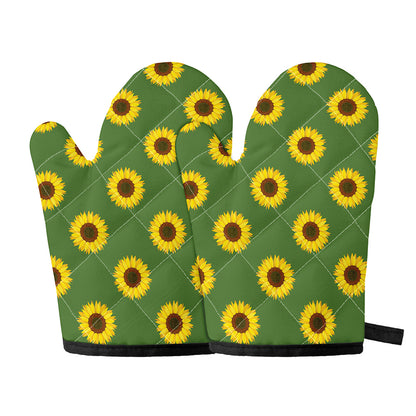 Green Sunflower Pattern Print Oven Mitts