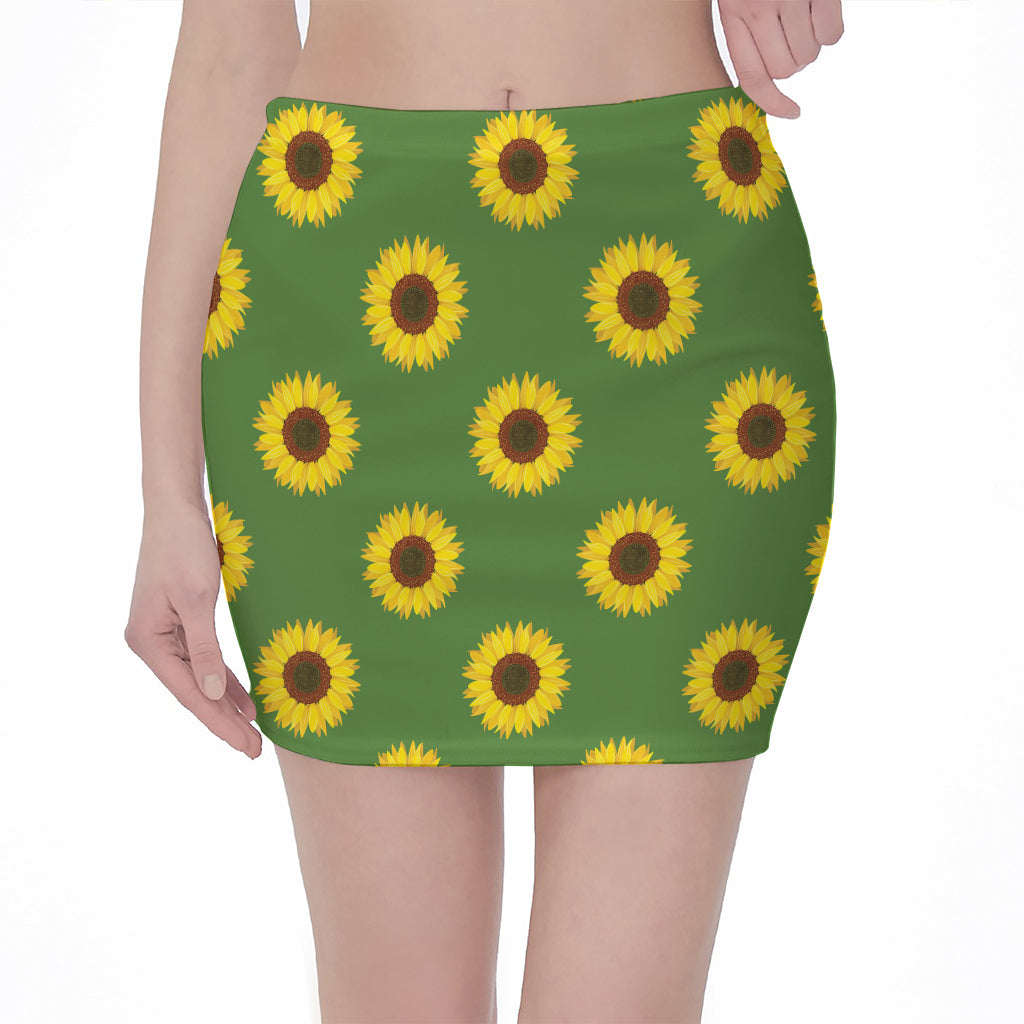 Green Sunflower Pattern Print Pencil Mini Skirt
