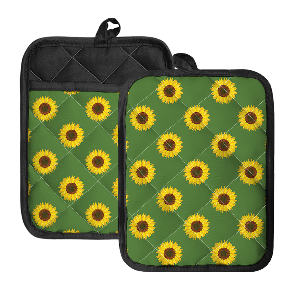 Green Sunflower Pattern Print Pot Holders With Pocket