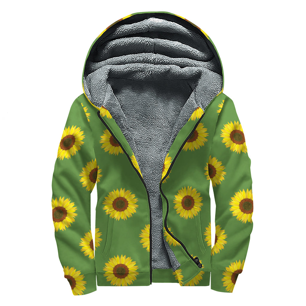 Green Sunflower Pattern Print Sherpa Lined Zip Up Hoodie