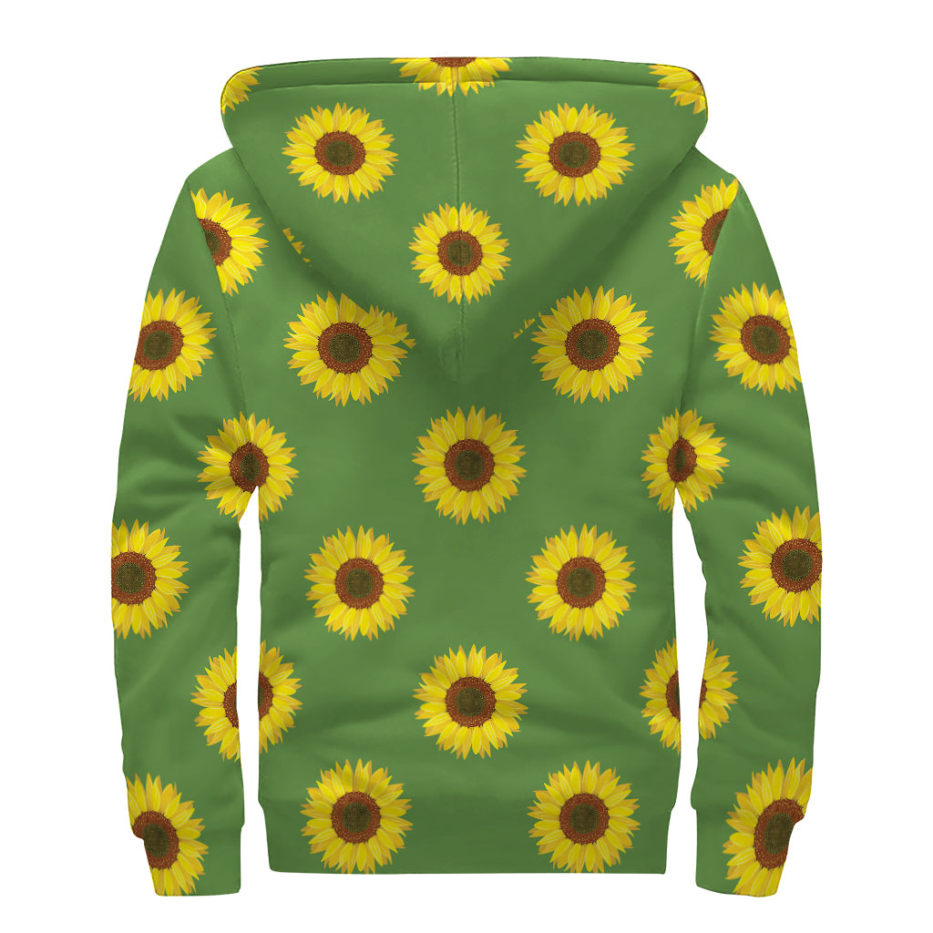 Green Sunflower Pattern Print Sherpa Lined Zip Up Hoodie