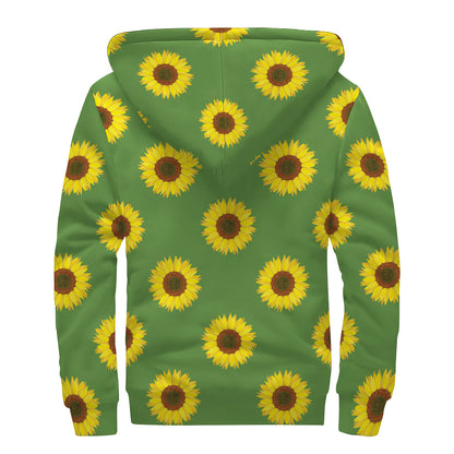Green Sunflower Pattern Print Sherpa Lined Zip Up Hoodie