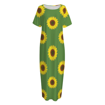 Green Sunflower Pattern Print Short Sleeve Long Nightdress