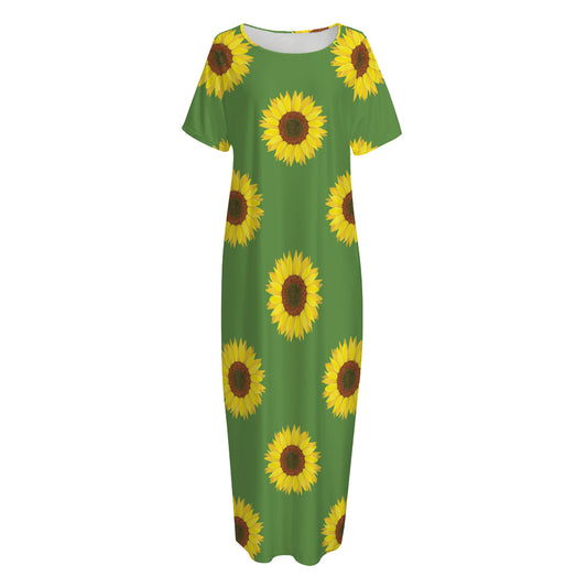 Green Sunflower Pattern Print Short Sleeve Long Nightdress