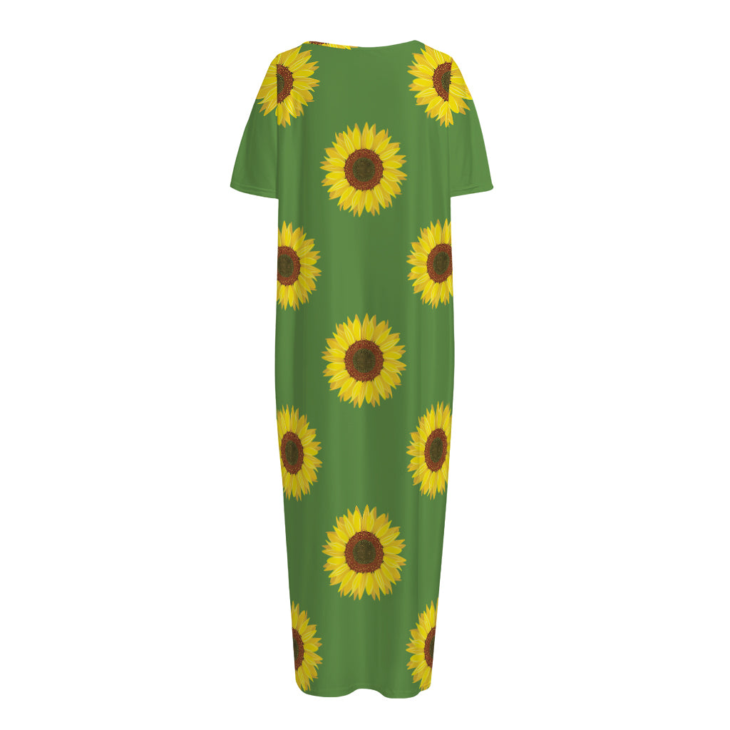Green Sunflower Pattern Print Short Sleeve Long Nightdress