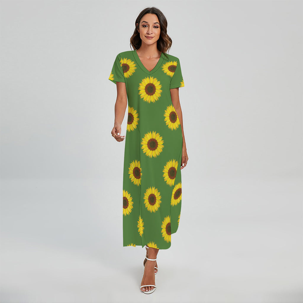 Green Sunflower Pattern Print Short Sleeve Maxi Dress