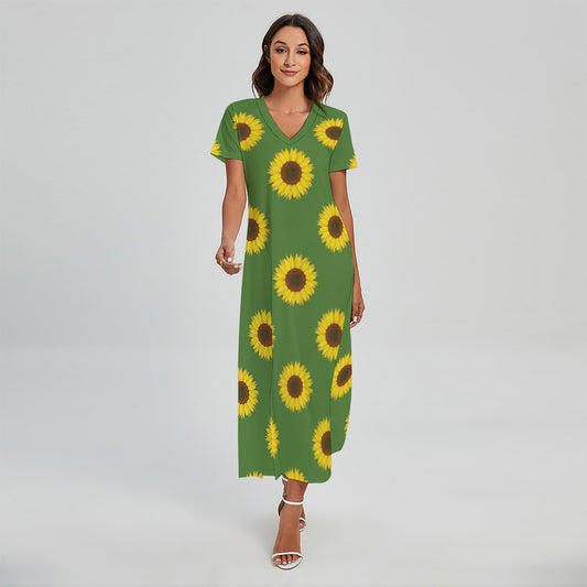Green Sunflower Pattern Print Short Sleeve Maxi Dress