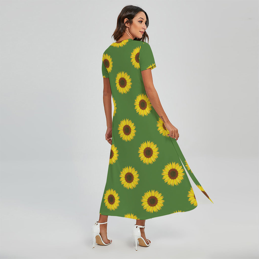 Green Sunflower Pattern Print Short Sleeve Maxi Dress