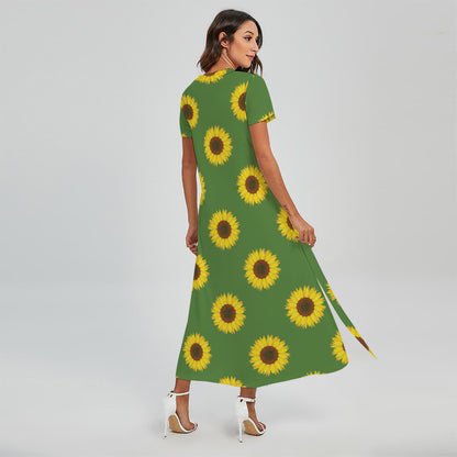 Green Sunflower Pattern Print Short Sleeve Maxi Dress