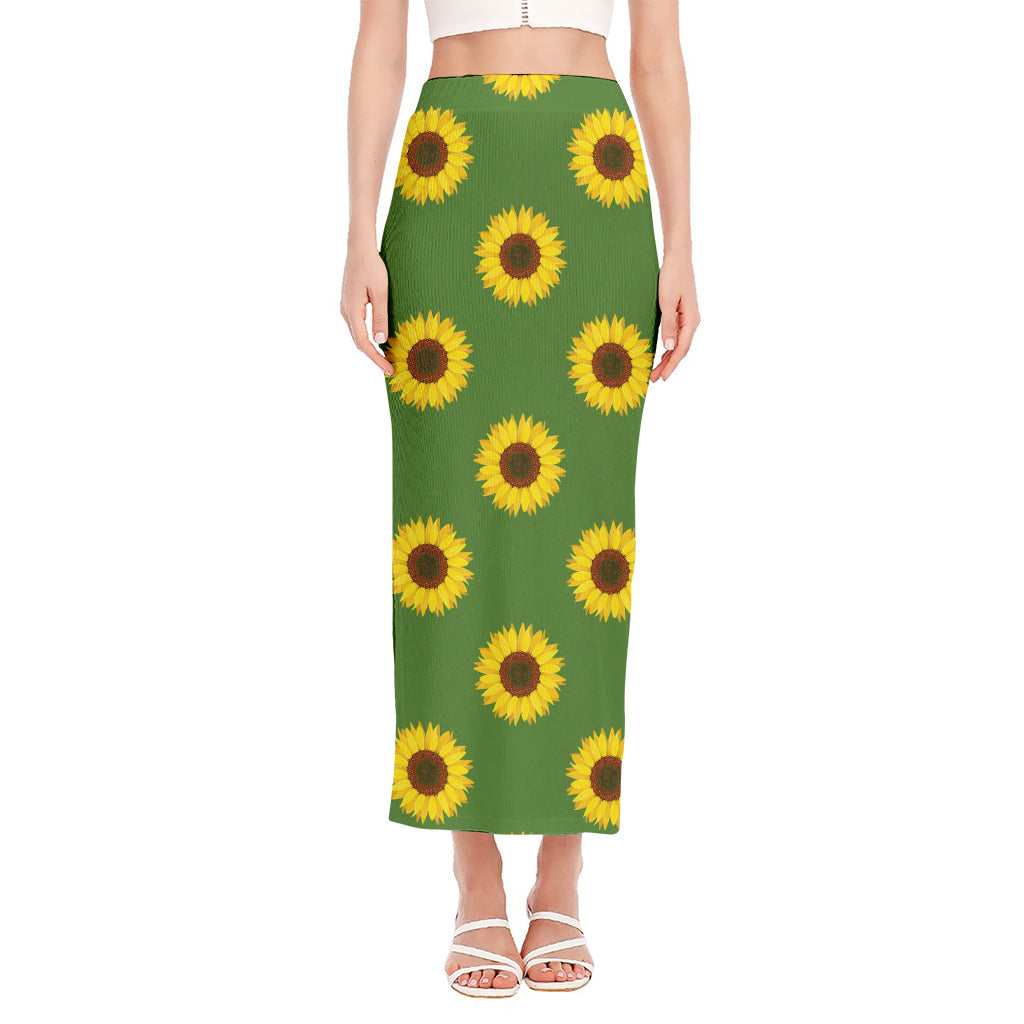 Green Sunflower Pattern Print Side Slit Maxi Skirt