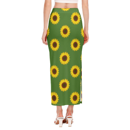 Green Sunflower Pattern Print Side Slit Maxi Skirt