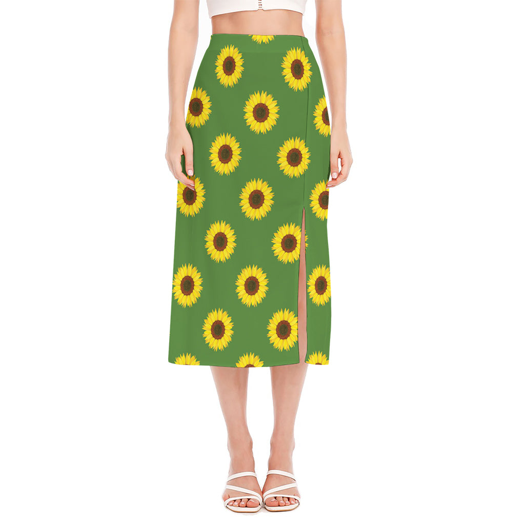 Green Sunflower Pattern Print Side Slit Midi Skirt