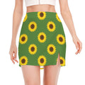 Green Sunflower Pattern Print Side Slit Mini Skirt