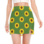 Green Sunflower Pattern Print Side Slit Mini Skirt