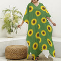 Green Sunflower Pattern Print Silk V-Neck Kaftan Dress