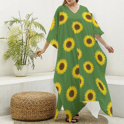 Green Sunflower Pattern Print Silk V-Neck Kaftan Dress