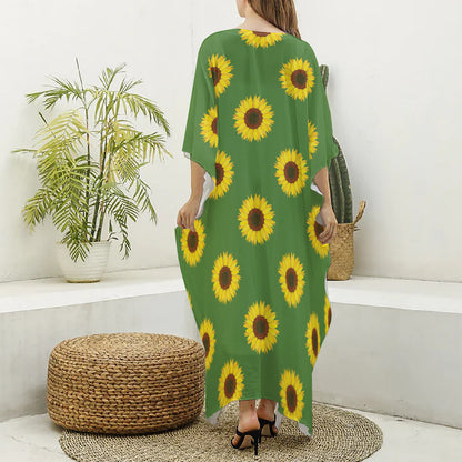 Green Sunflower Pattern Print Silk V-Neck Kaftan Dress