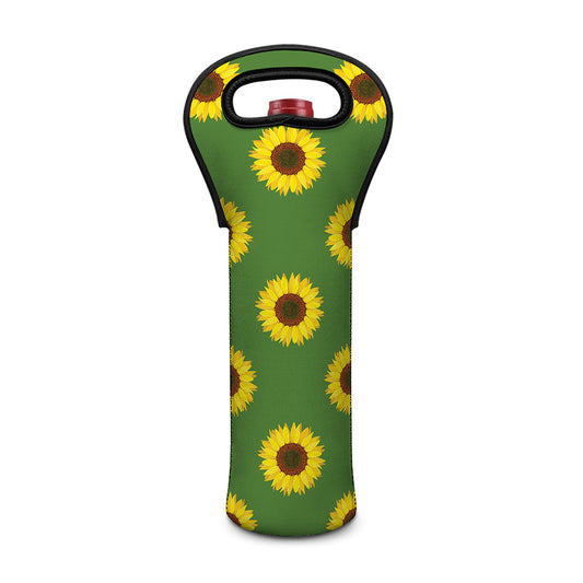 Green Sunflower Pattern Print Single Neoprene Wine Tote