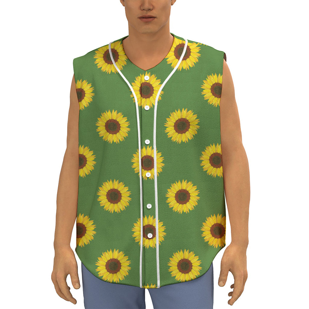 Green Sunflower Pattern Print Sleeveless Baseball Jersey