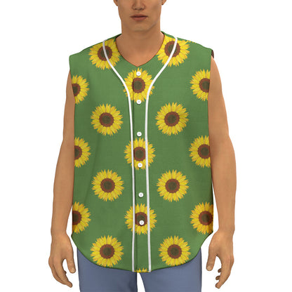 Green Sunflower Pattern Print Sleeveless Baseball Jersey