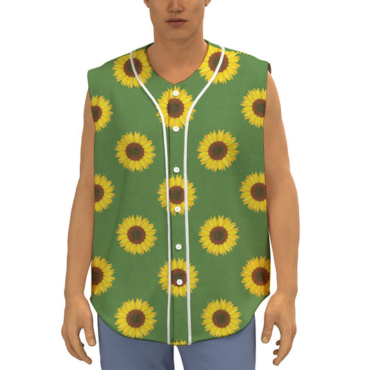 Green Sunflower Pattern Print Sleeveless Baseball Jersey