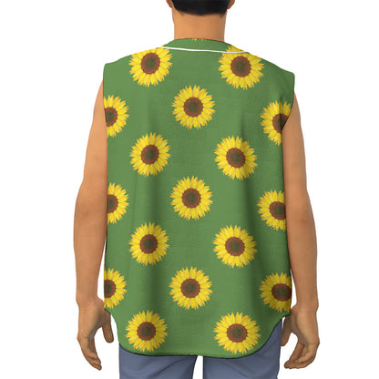 Green Sunflower Pattern Print Sleeveless Baseball Jersey