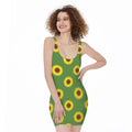 Green Sunflower Pattern Print Sleeveless Bodycon Dress