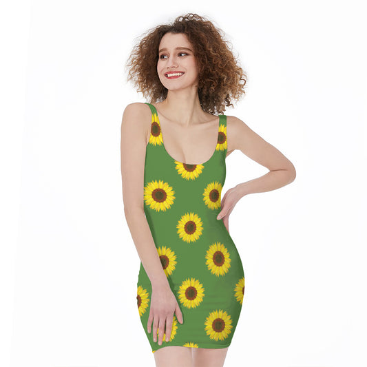 Green Sunflower Pattern Print Sleeveless Bodycon Dress