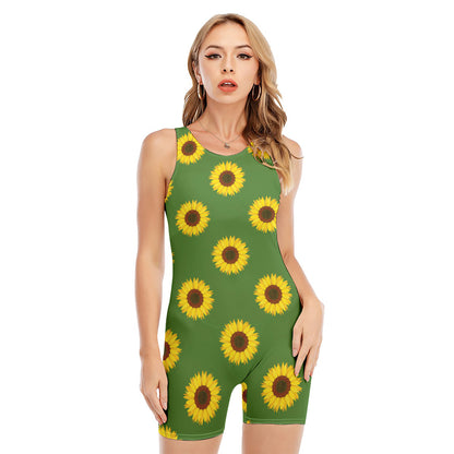 Green Sunflower Pattern Print Sleeveless One Piece Swimsuit
