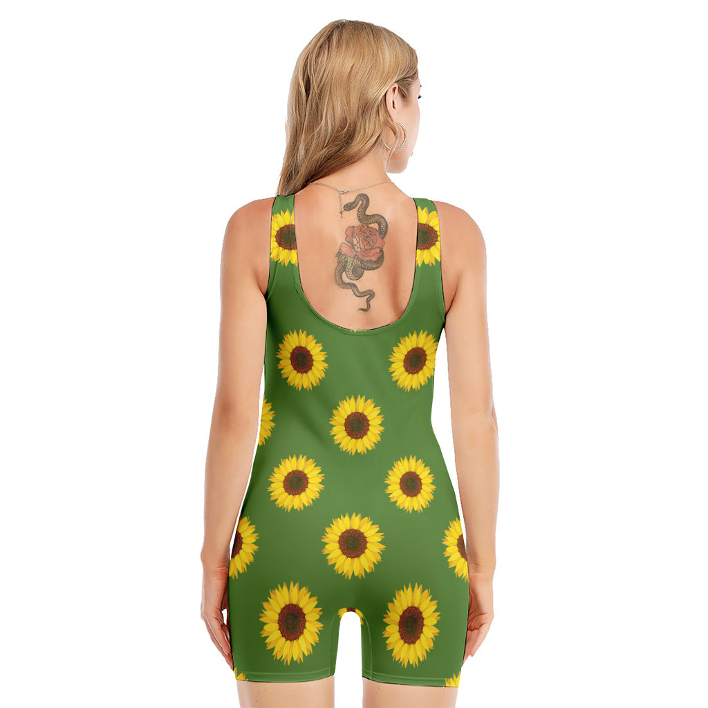 Green Sunflower Pattern Print Sleeveless One Piece Swimsuit